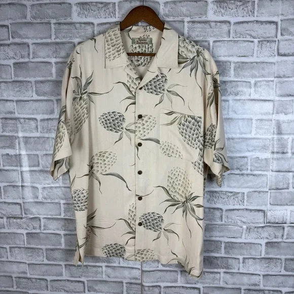 Tommy Bahama Mens Large 100% Silk Off White Pineapple Print Camp Shirt STAINED - Picture 2 of 7